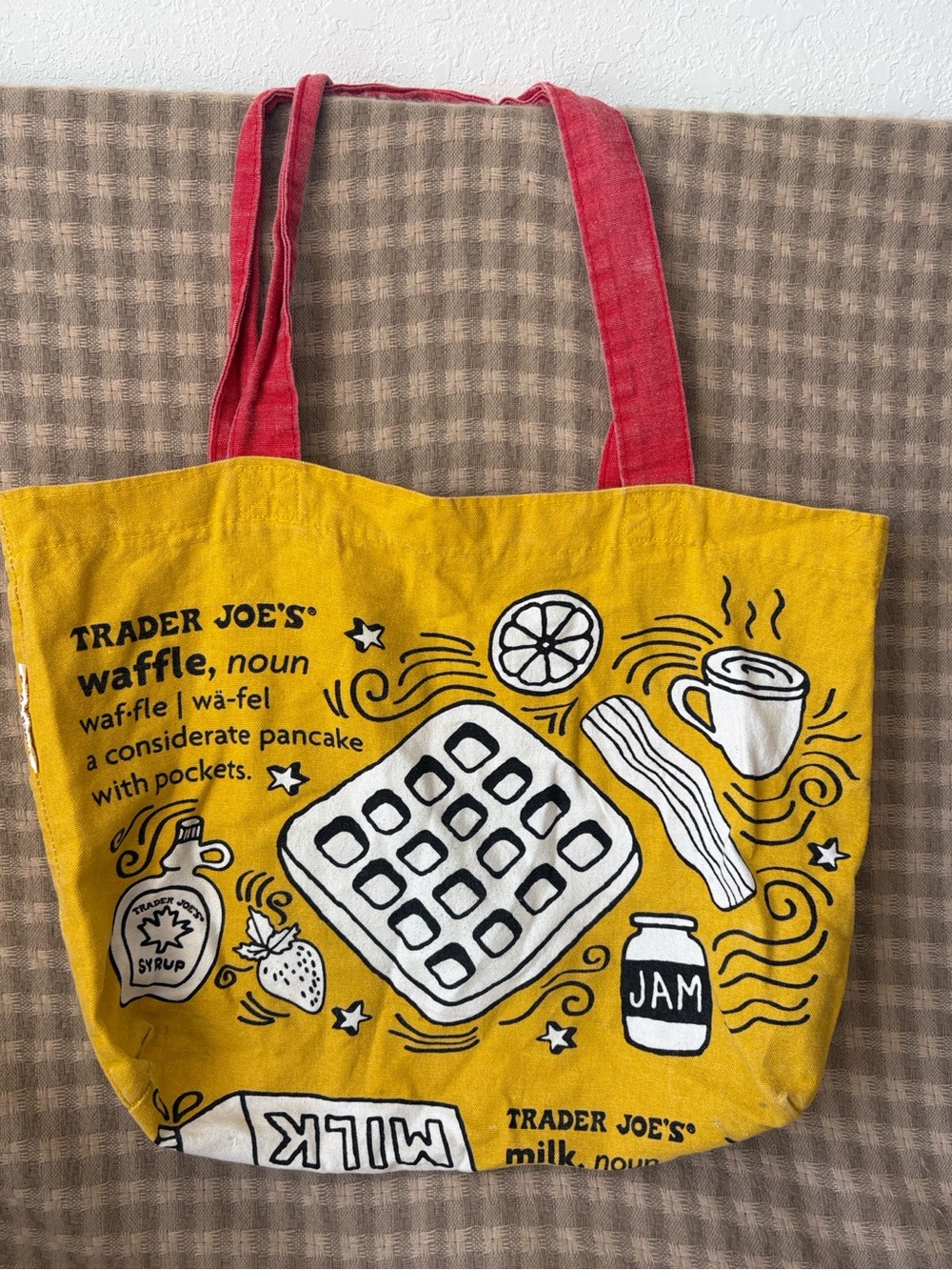 TRADER JOES YELLOW TOAST WAFFLE CANVAS TOTE BAG